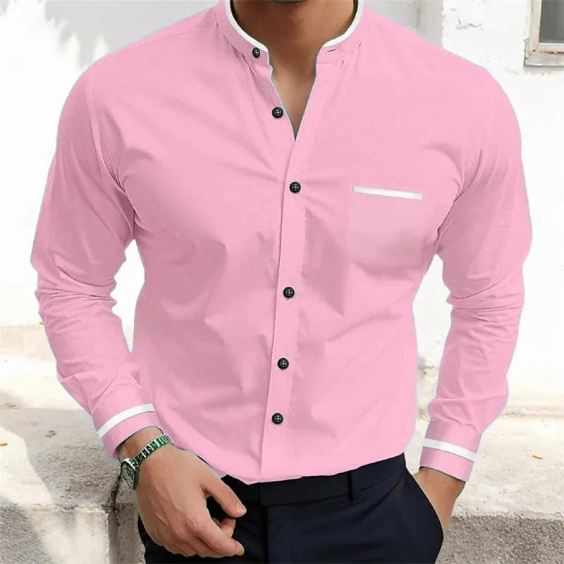 Men’s Long Sleeve Shirt with Grandad Collar and Chest Pocket