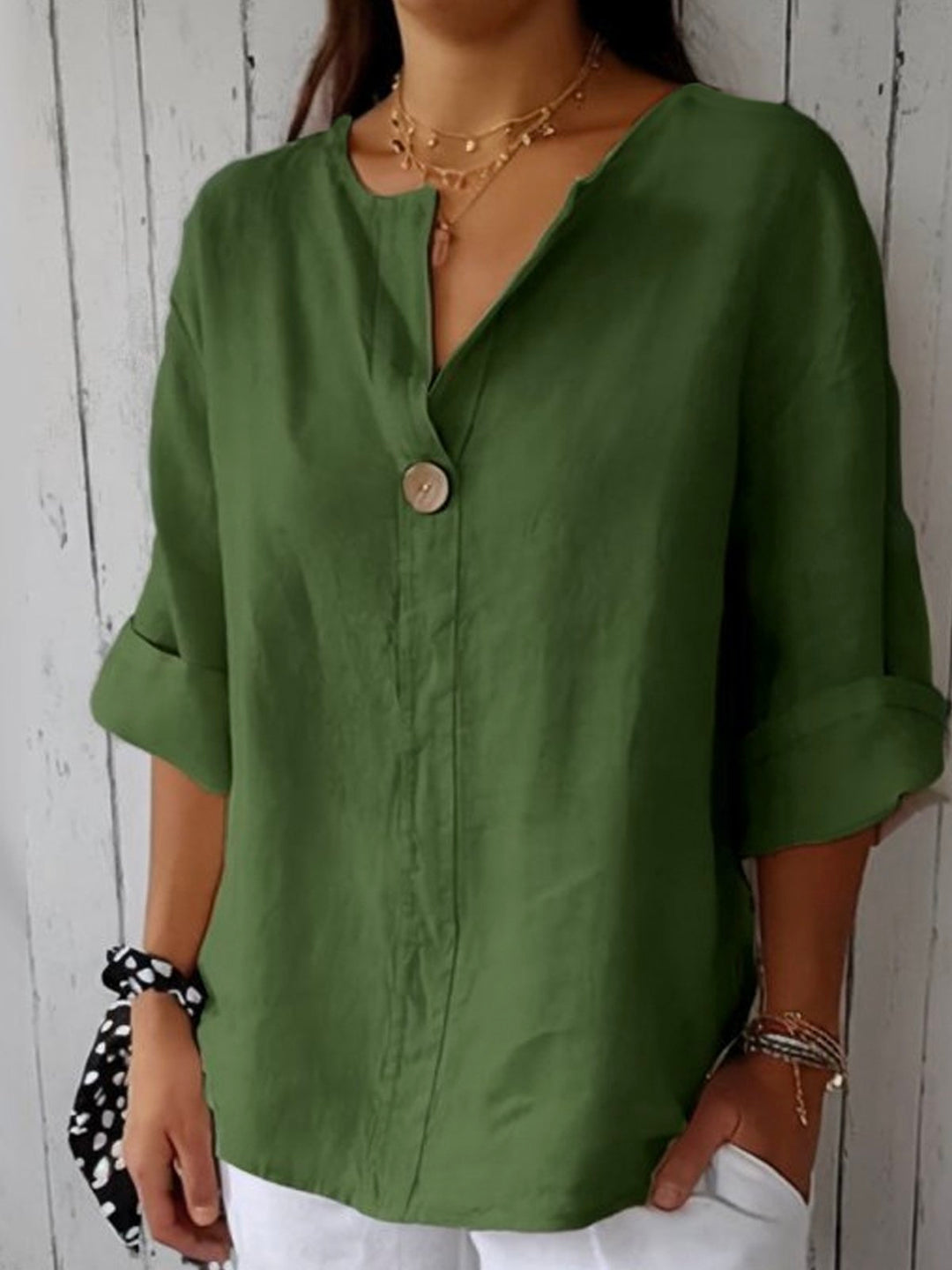 Button-Down Blouse for Women - V-Neck Roll Sleeve