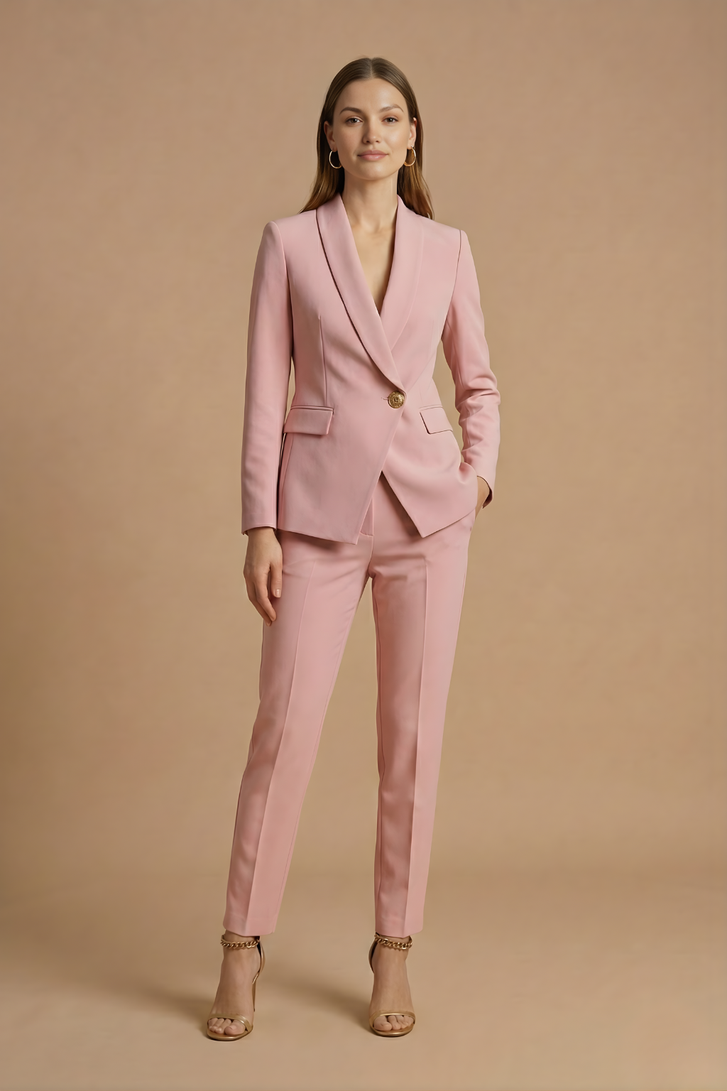 Women’s Pant Suit with Shawl Lapel Blazer and Straight-Leg Trousers