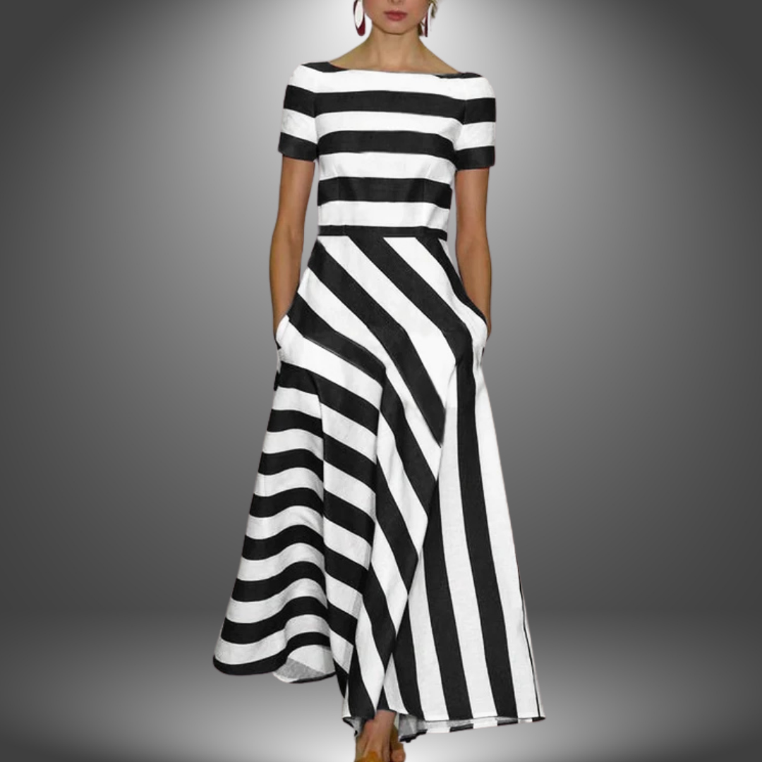 Striped A-Line Midi Dress for Women - Boat Neck - Pockets