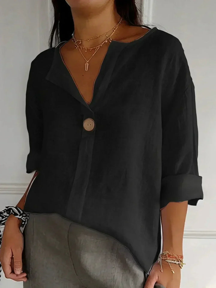 Button-Down Blouse for Women - V-Neck Roll Sleeve