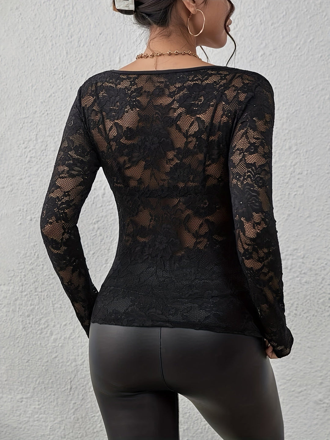Women’s Lace Top with V-Neck and Long Sleeves