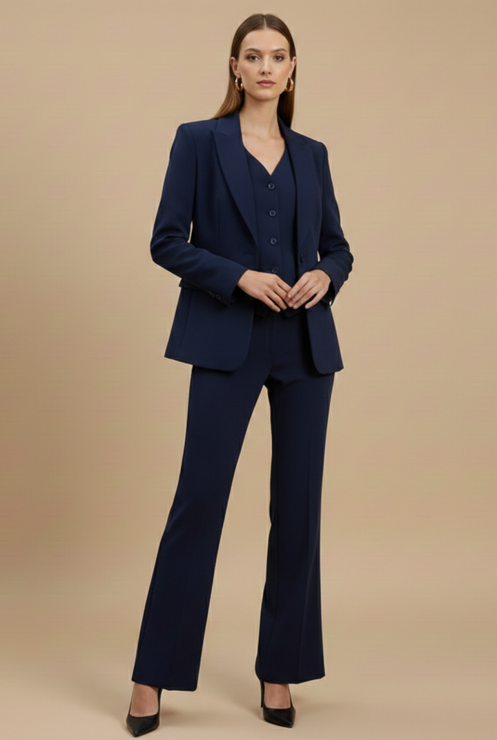 Women’s Tailored Three-Piece Suit with Single-Breasted Blazer and Flared Trousers