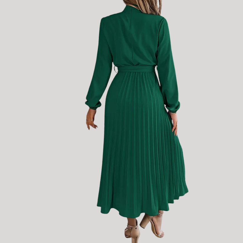 Women’s Pleated Midi Dress with Long Sleeves and Waist Belt