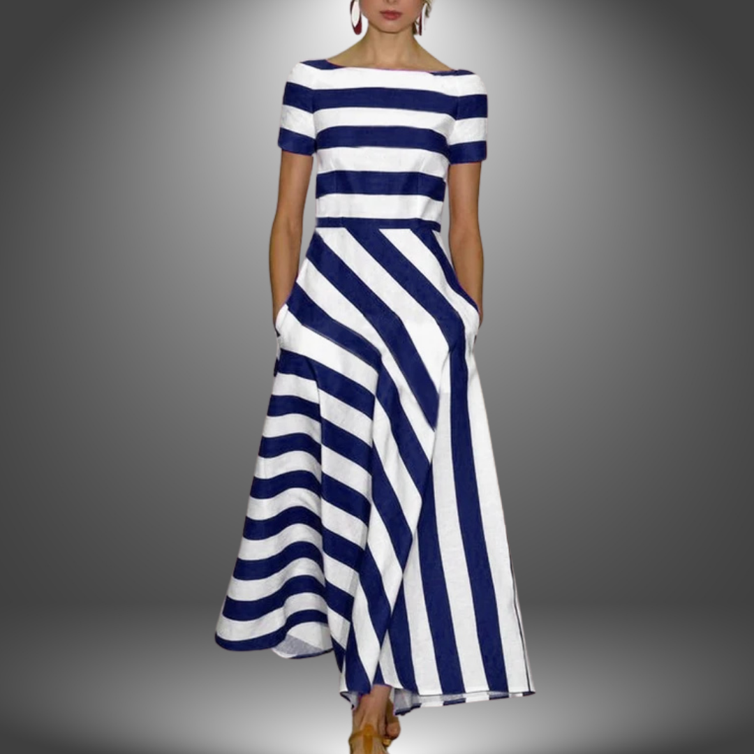 Striped A-Line Midi Dress for Women - Boat Neck - Pockets