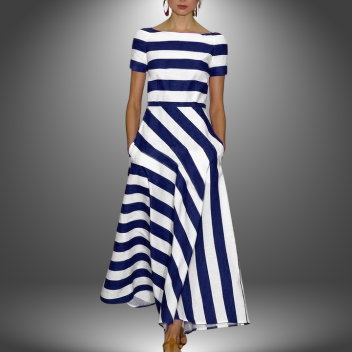 Striped A-Line Midi Dress for Women - Boat Neck - Pockets
