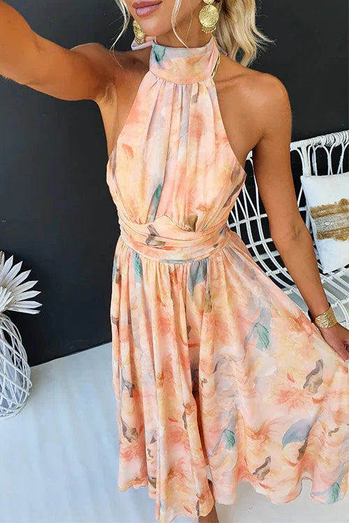 Floral Halter Maxi Dress for Women - Tie Back - A-Line