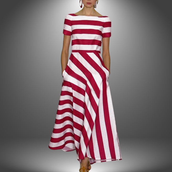 Striped A-Line Midi Dress for Women - Boat Neck - Pockets