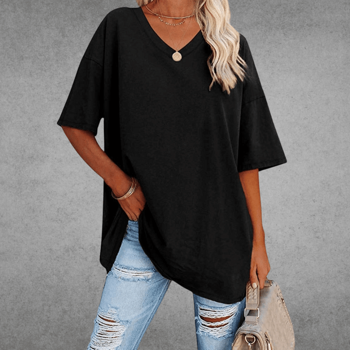 Oversized V-Neck T-Shirt for Women - Short Sleeve Loose Fit