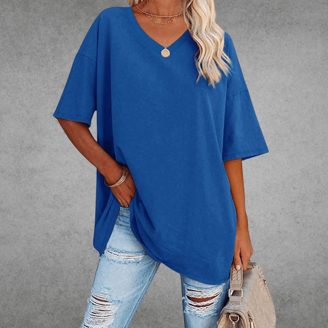 Oversized V-Neck T-Shirt for Women - Short Sleeve Loose Fit