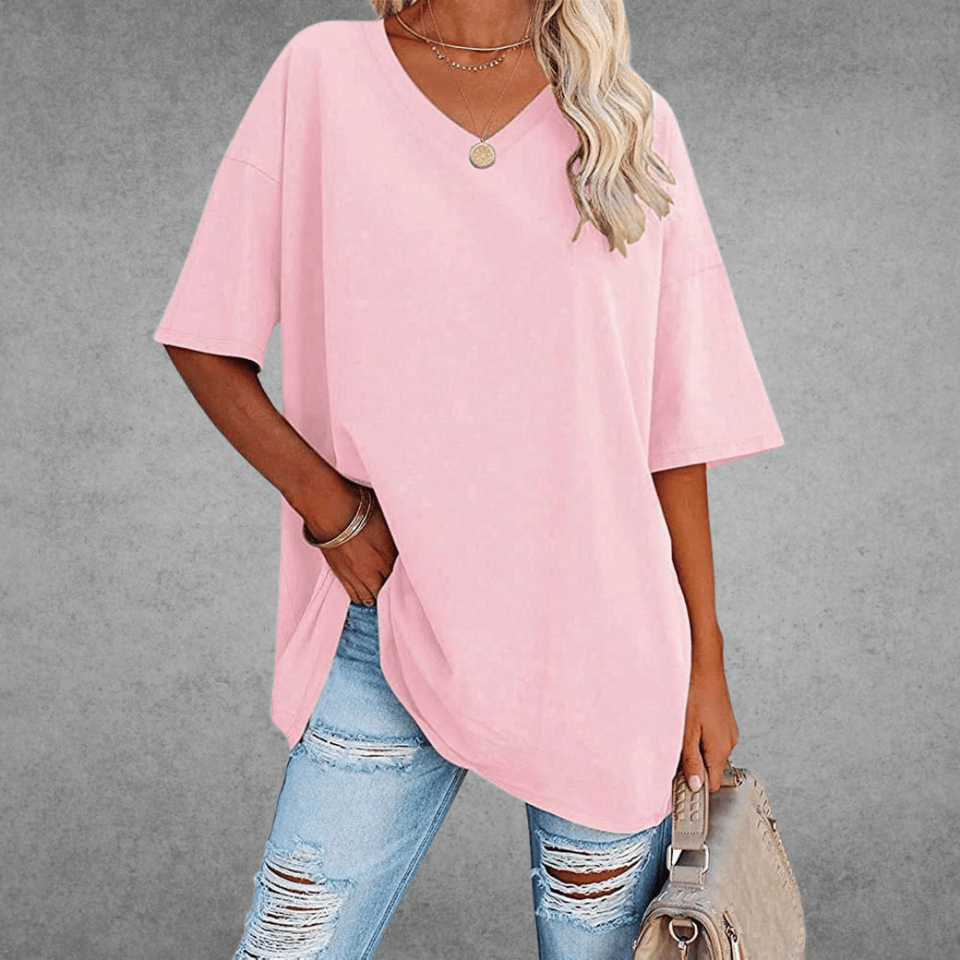 Oversized V-Neck T-Shirt for Women - Short Sleeve Loose Fit