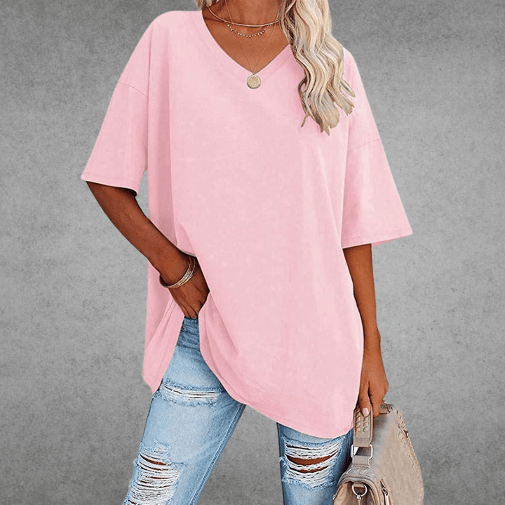 Oversized V-Neck T-Shirt for Women - Short Sleeve Loose Fit