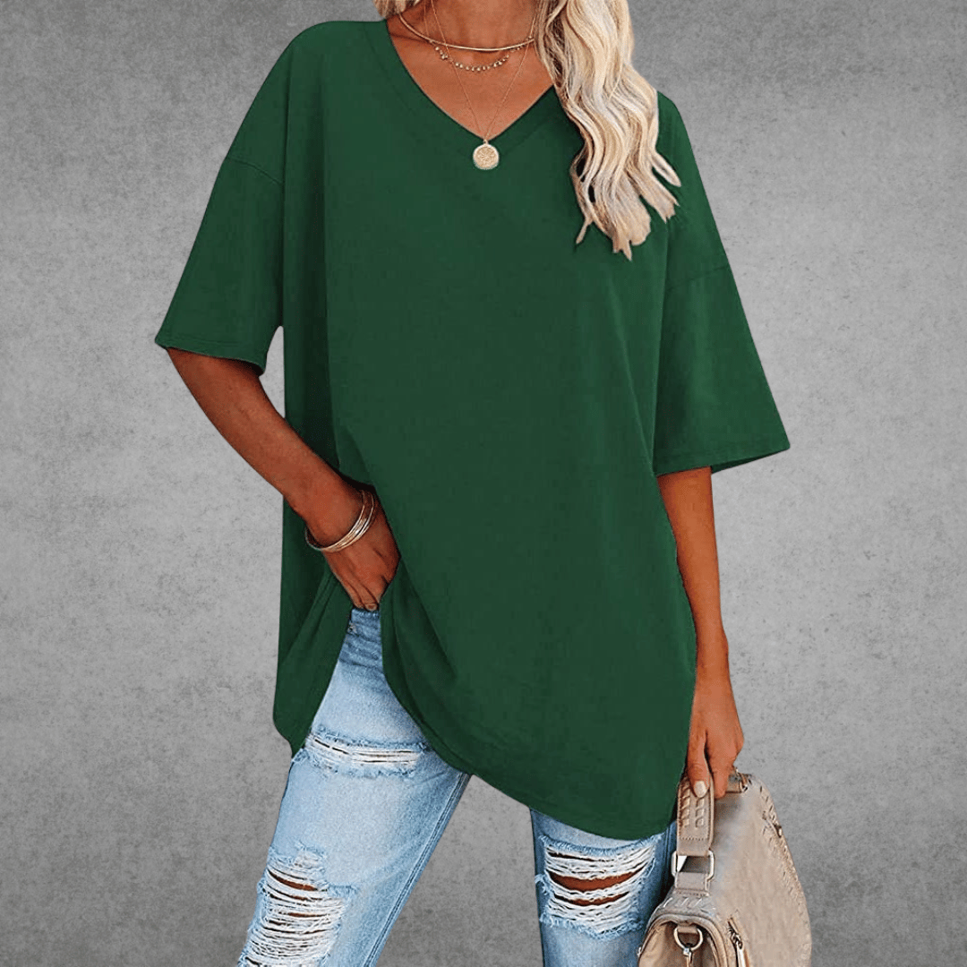 Oversized V-Neck T-Shirt for Women - Short Sleeve Loose Fit