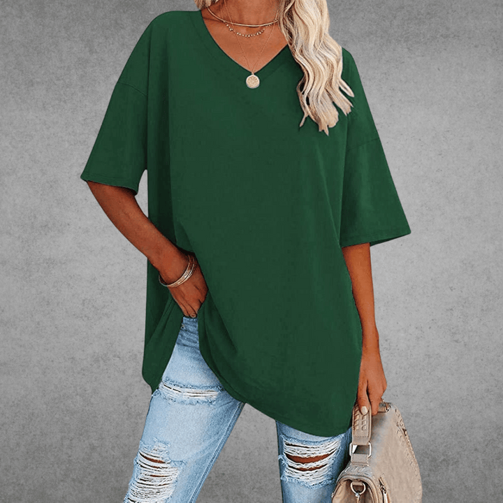 Oversized V-Neck T-Shirt for Women - Short Sleeve Loose Fit