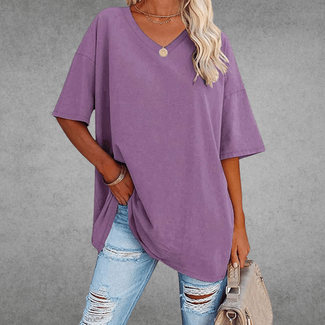 Oversized V-Neck T-Shirt for Women - Short Sleeve Loose Fit