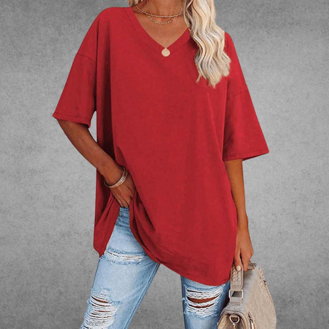 Oversized V-Neck T-Shirt for Women - Short Sleeve Loose Fit