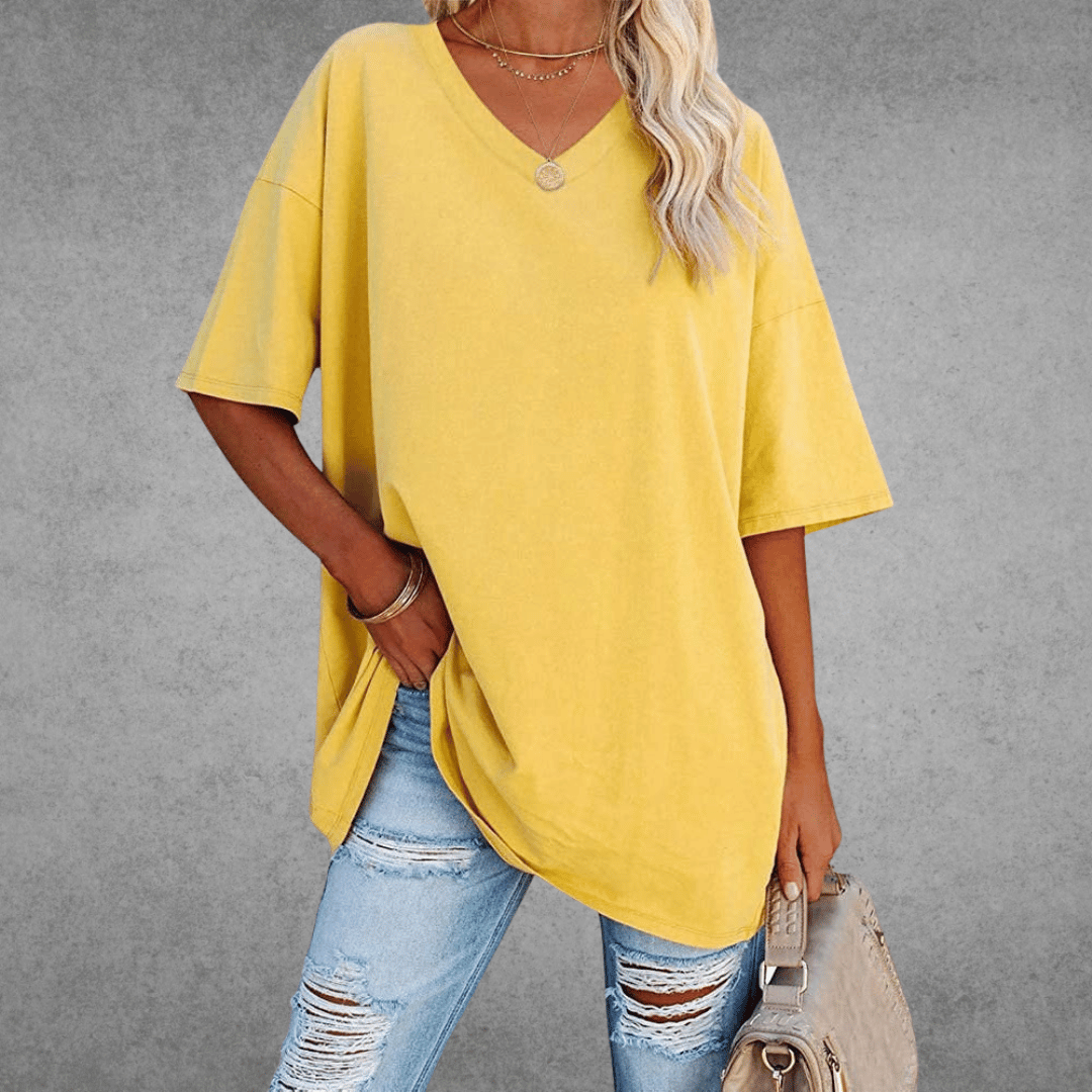 Oversized V-Neck T-Shirt for Women - Short Sleeve Loose Fit