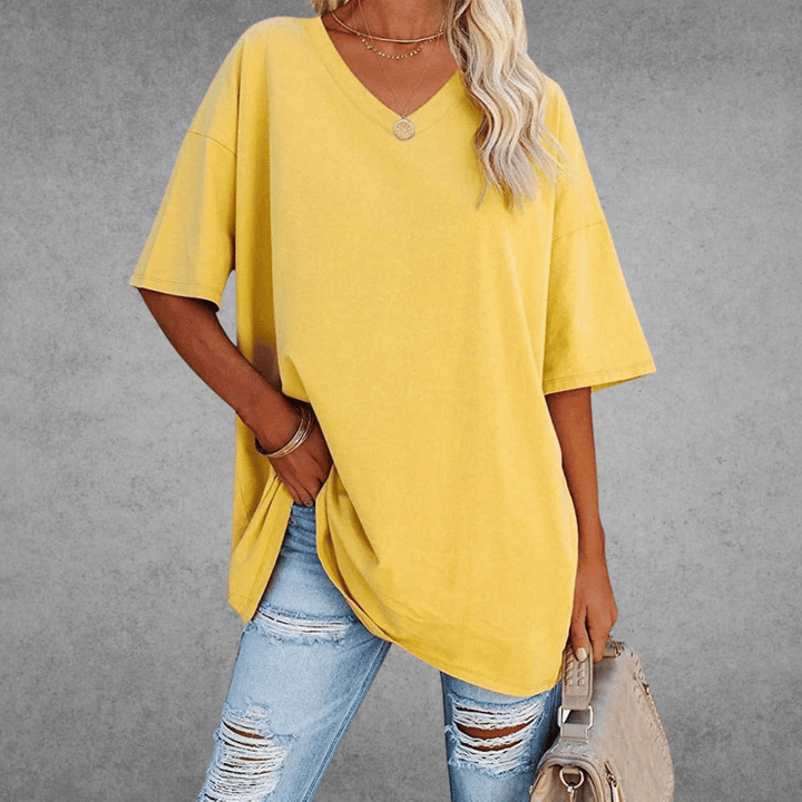 Oversized V-Neck T-Shirt for Women - Short Sleeve Loose Fit