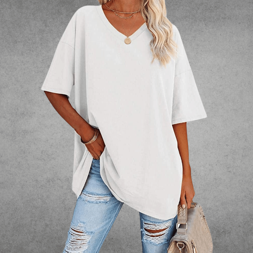 Oversized V-Neck T-Shirt for Women - Short Sleeve Loose Fit