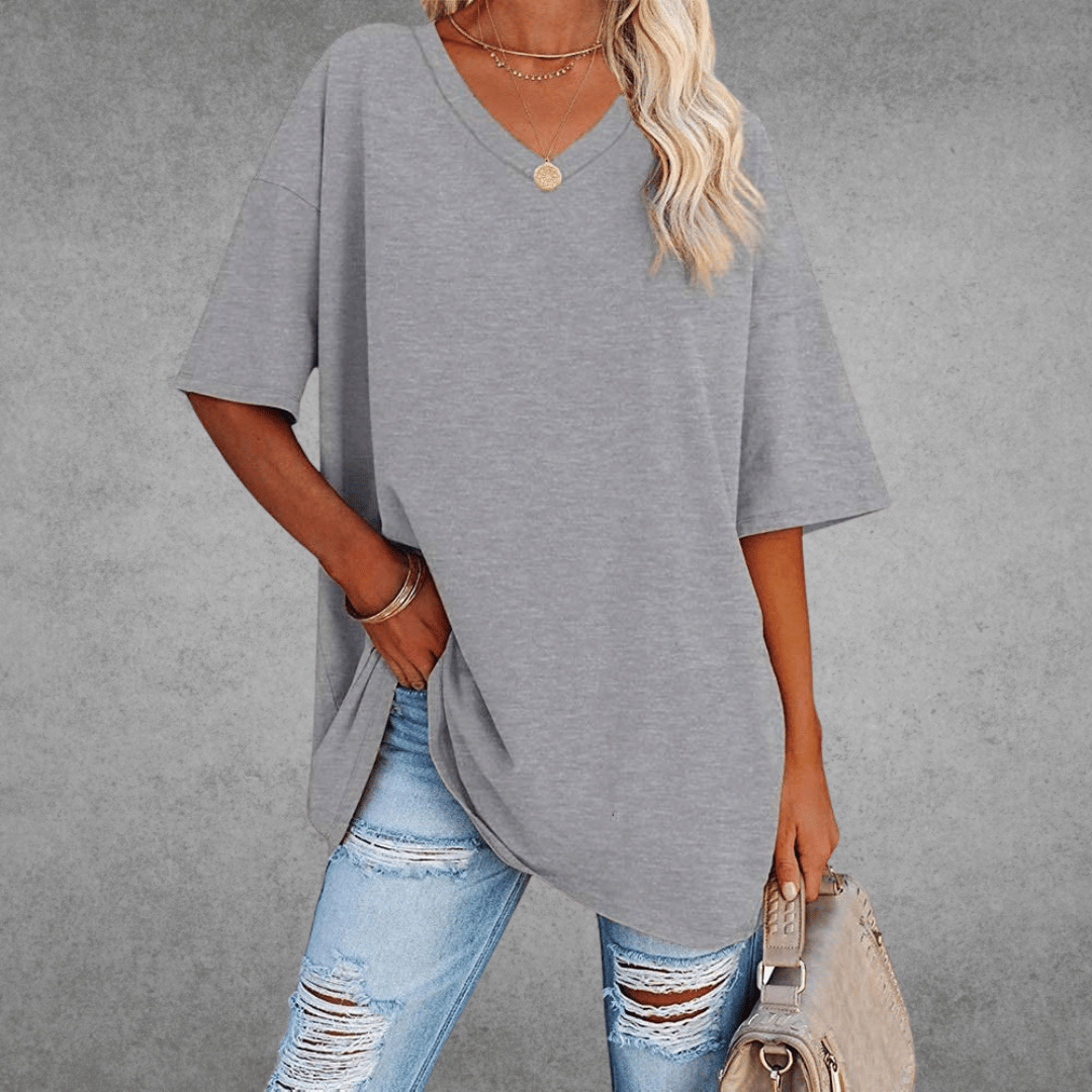Oversized V-Neck T-Shirt for Women - Short Sleeve Loose Fit