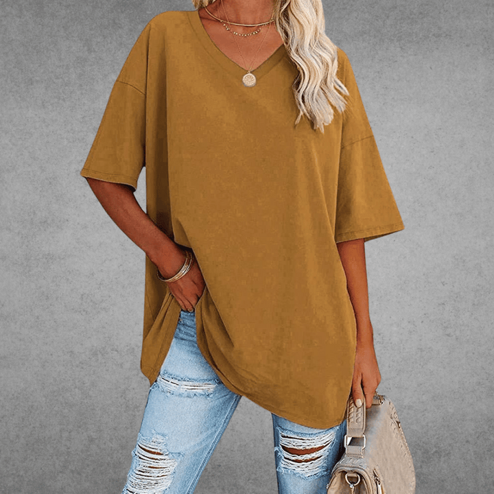 Oversized V-Neck T-Shirt for Women - Short Sleeve Loose Fit