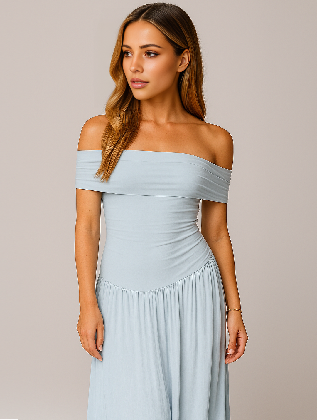 Off-the-Shoulder Pleated Maxi Dress for Women - Fitted Bodice Ruched