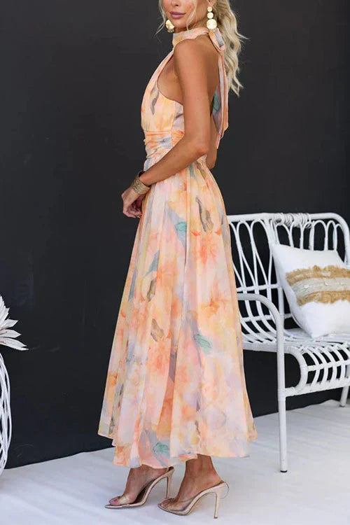 Floral Halter Maxi Dress for Women - Tie Back - A-Line