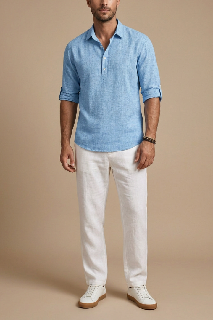 Men's Linen Polo Shirt with Classic Collar and Button Placket