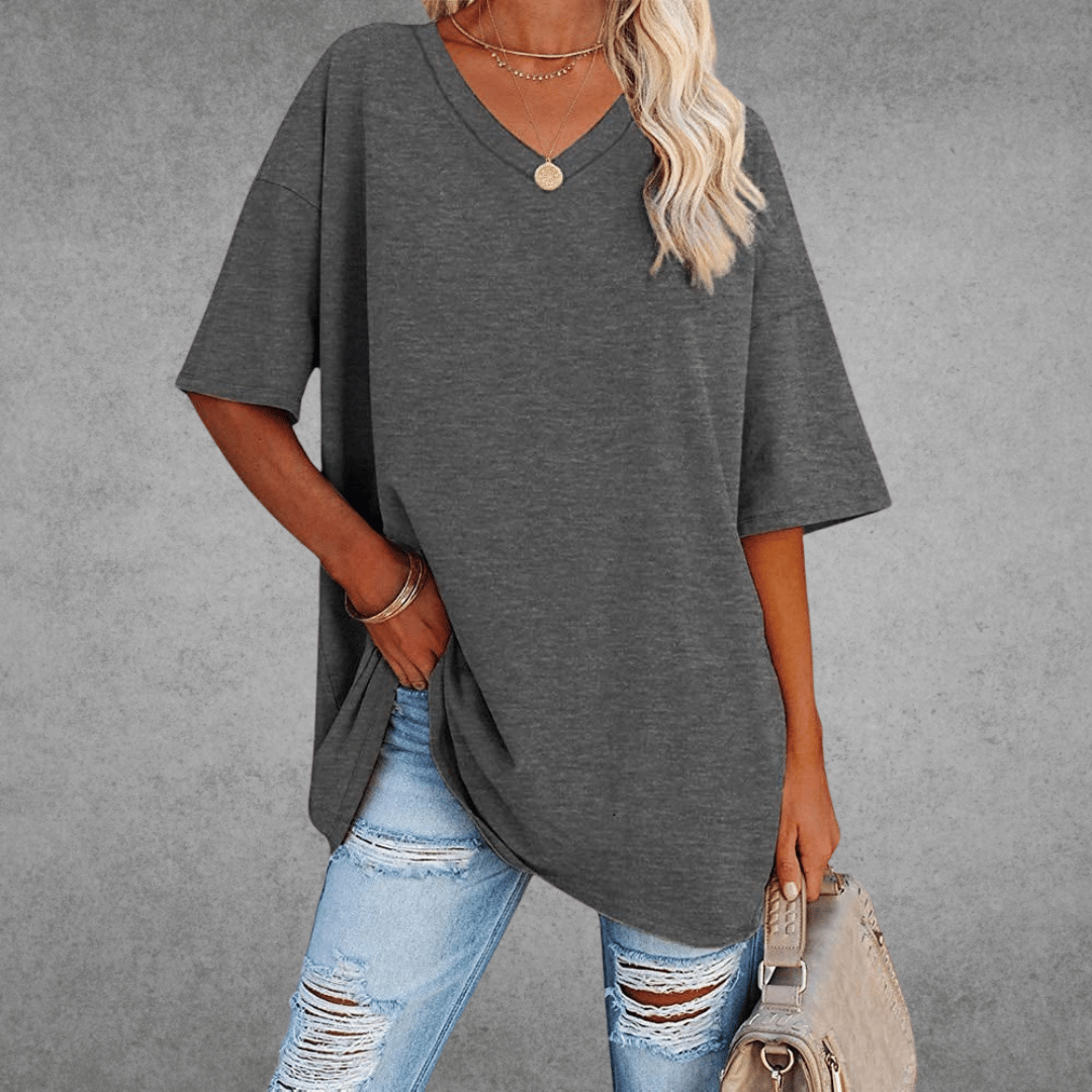 Oversized V-Neck T-Shirt for Women - Short Sleeve Loose Fit