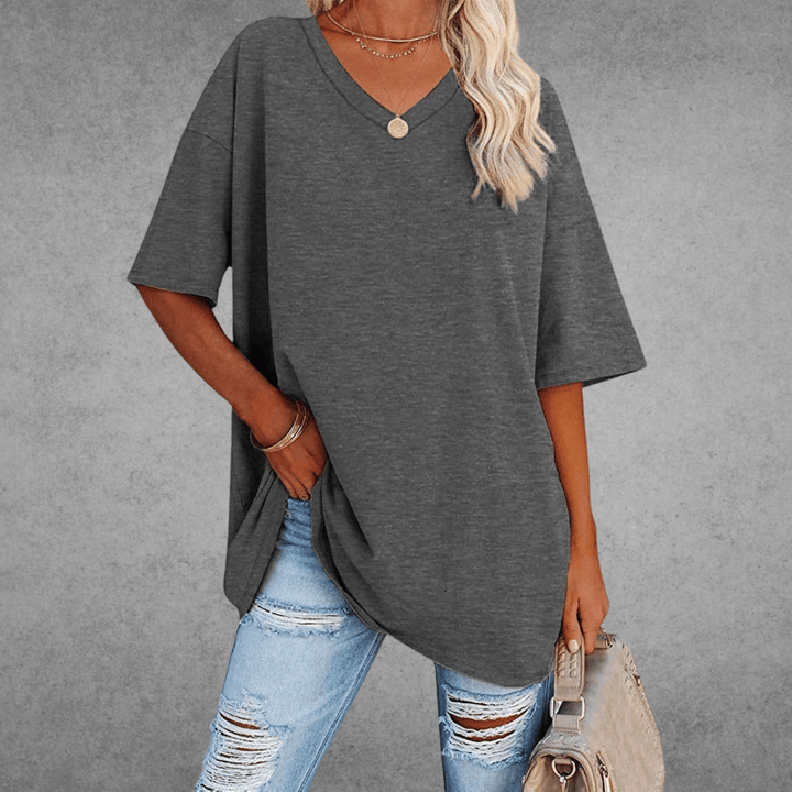 Oversized V-Neck T-Shirt for Women - Short Sleeve Loose Fit
