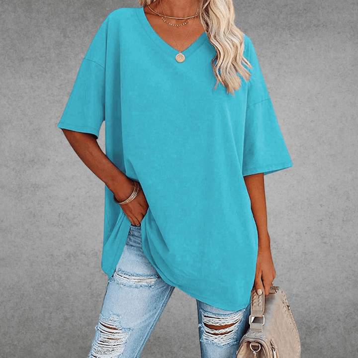 Oversized V-Neck T-Shirt for Women - Short Sleeve Loose Fit