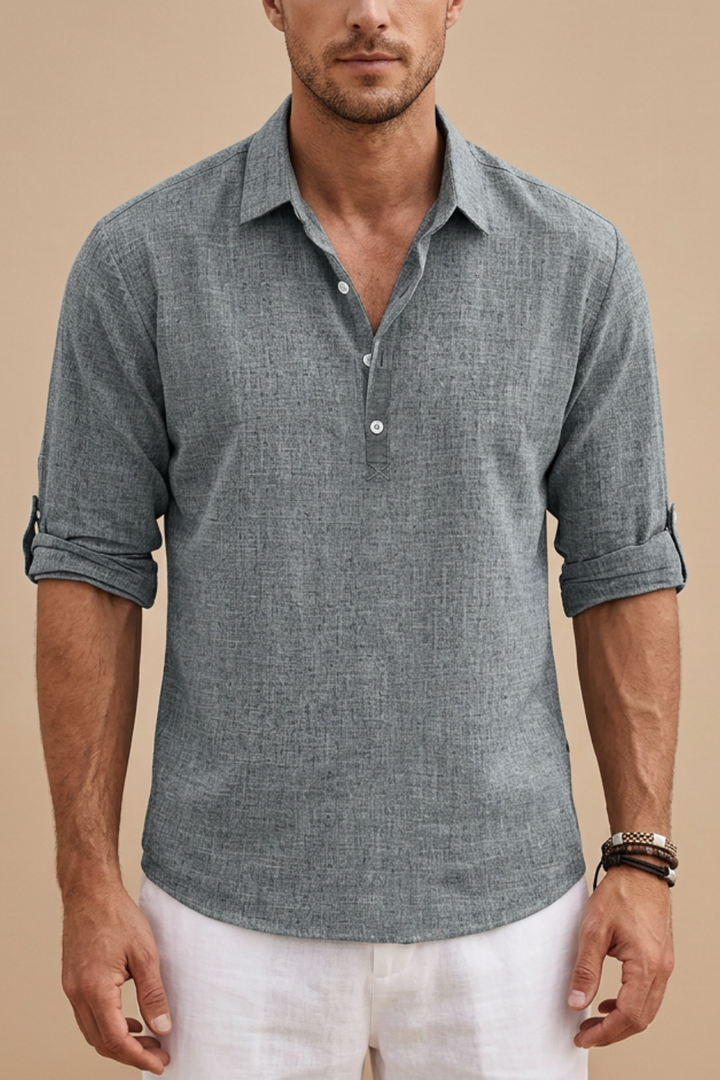 Men's Linen Polo Shirt with Classic Collar and Button Placket