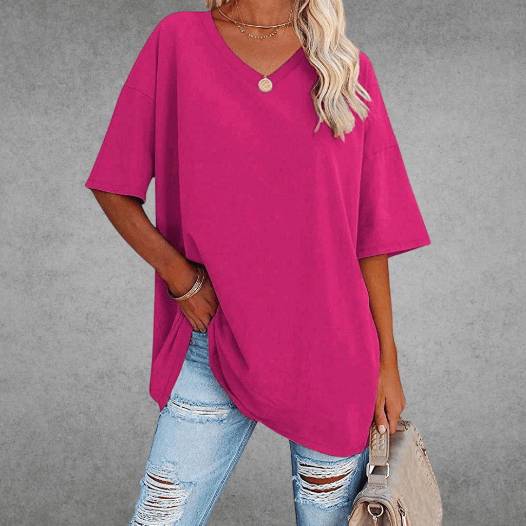 Oversized V-Neck T-Shirt for Women - Short Sleeve Loose Fit