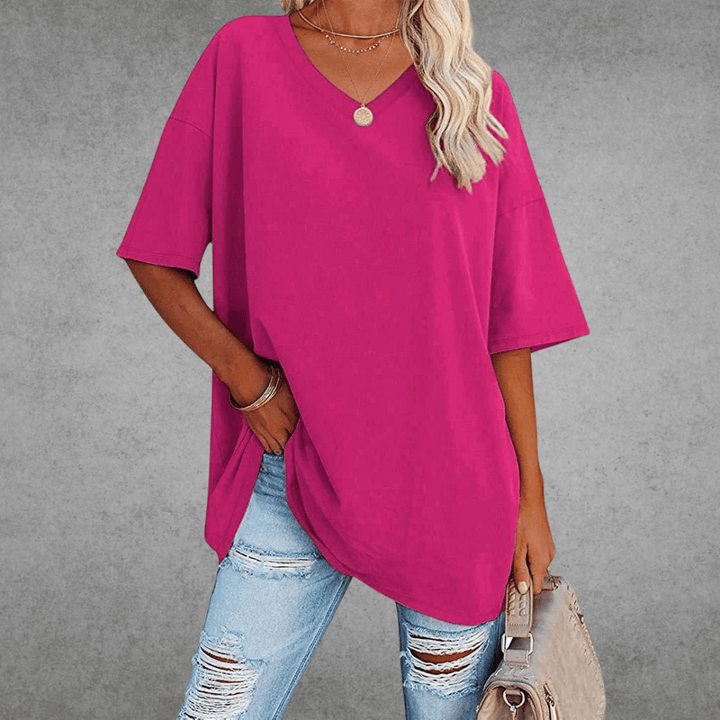 Oversized V-Neck T-Shirt for Women - Short Sleeve Loose Fit