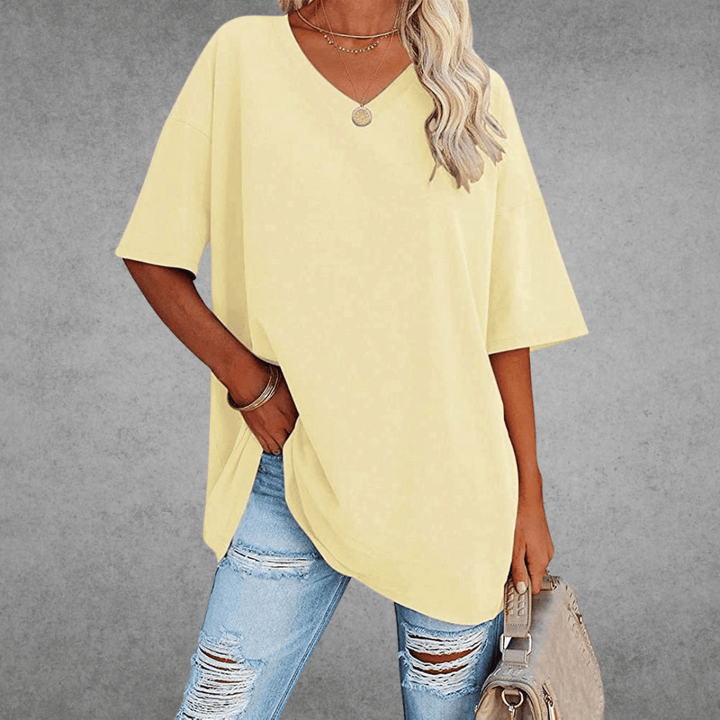 Oversized V-Neck T-Shirt for Women - Short Sleeve Loose Fit