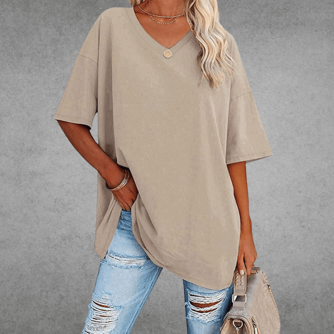 Oversized V-Neck T-Shirt for Women - Short Sleeve Loose Fit