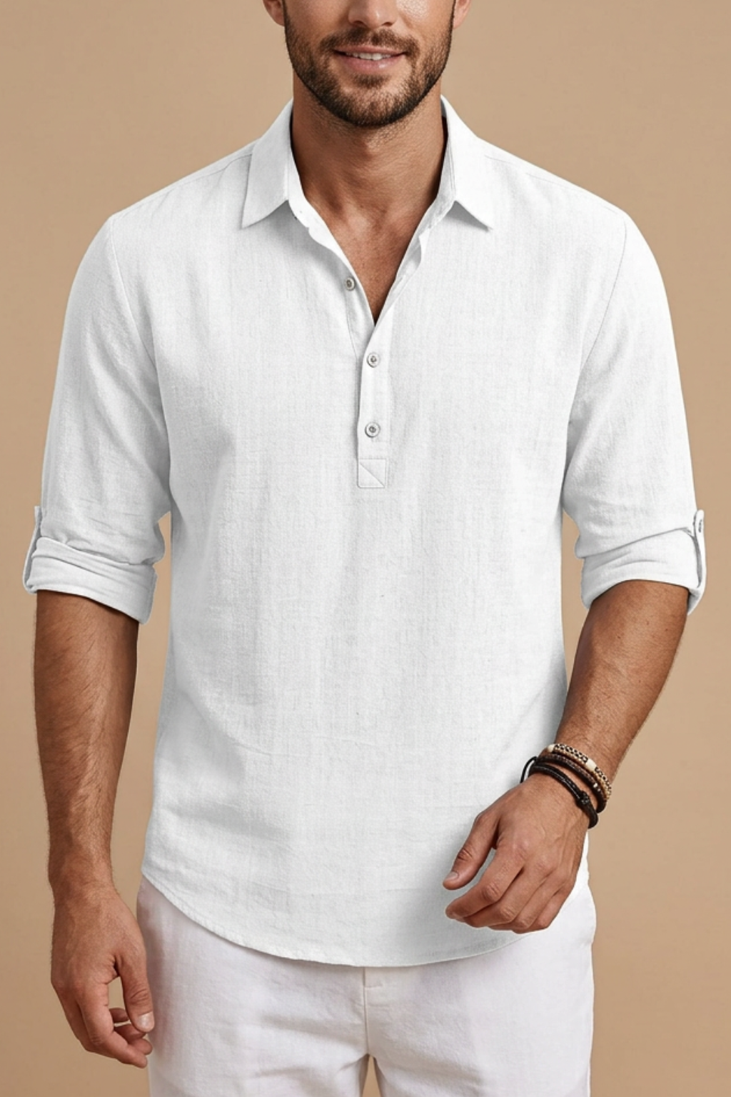 Men's Linen Polo Shirt with Classic Collar and Button Placket