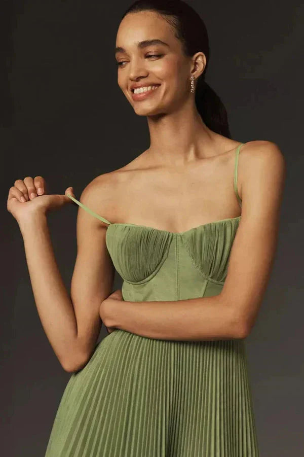 Pleated A-Line Midi Dress for Women - Bustier Top - Spaghetti Strap