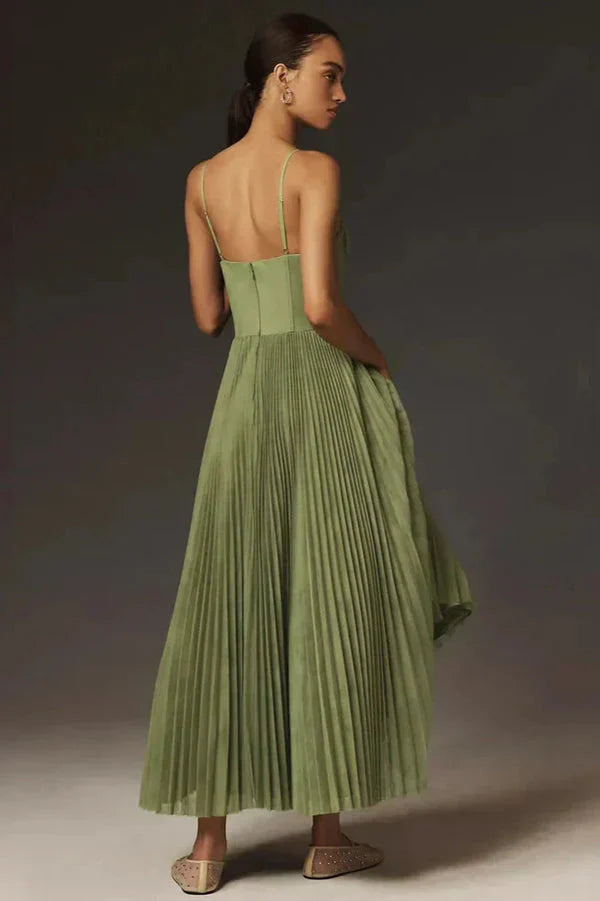 Pleated A-Line Midi Dress for Women - Bustier Top - Spaghetti Strap