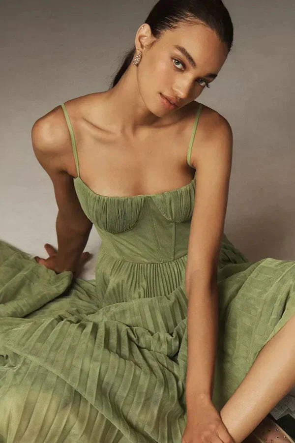 Pleated A-Line Midi Dress for Women - Bustier Top - Spaghetti Strap