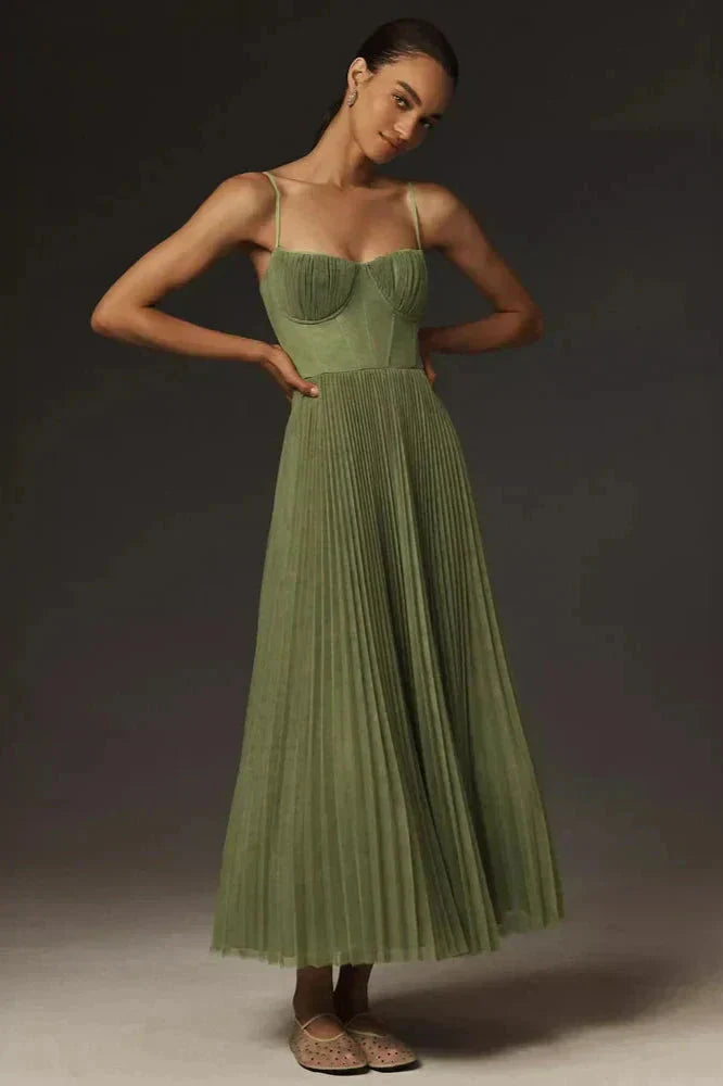 Pleated A-Line Midi Dress for Women - Bustier Top - Spaghetti Strap