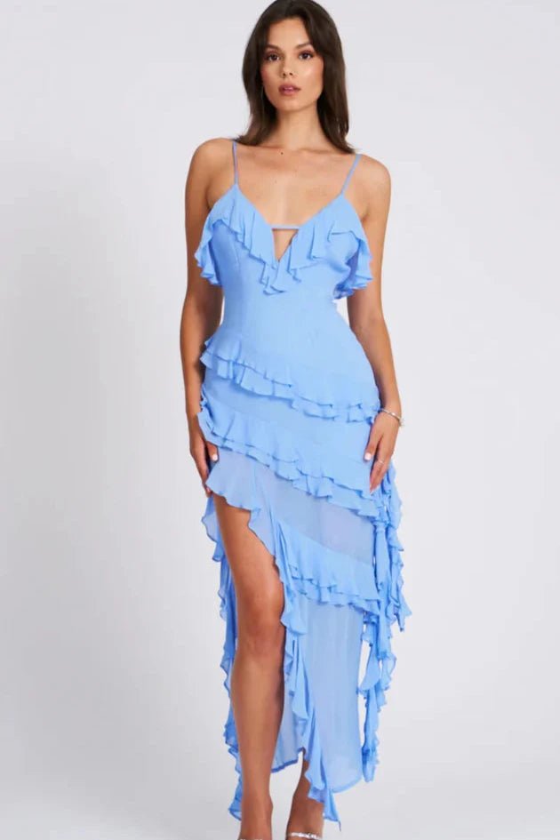 Women’s Spaghetti Strap Dress with Ruffles and Asymmetrical Hemline