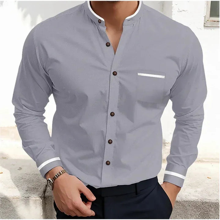Men’s Long Sleeve Shirt with Grandad Collar and Chest Pocket
