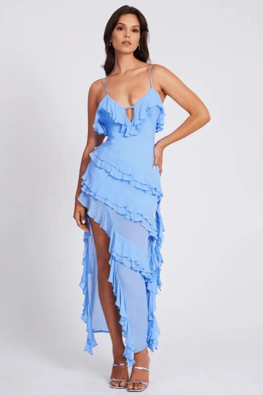 Women’s Spaghetti Strap Dress with Ruffles and Asymmetrical Hemline
