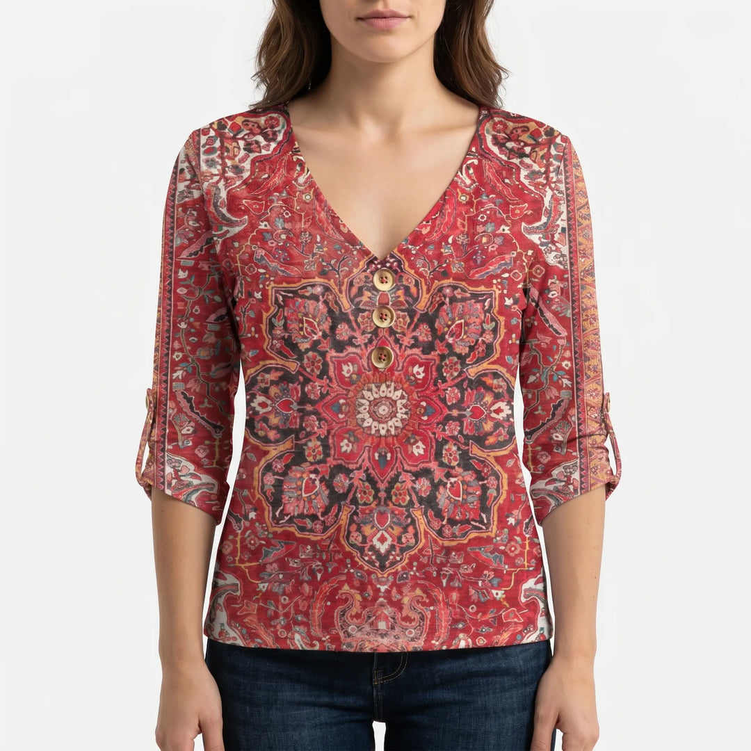 Bohovelle - Bohemian Print V-Neck Blouse