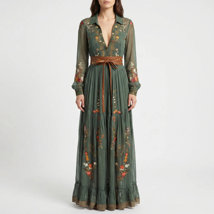 Bohvara - Bohemian Floral Maxi Dress With Shirt Collar