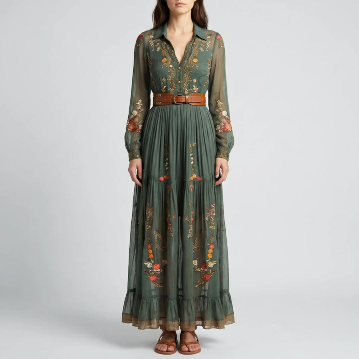 Bohvara - Bohemian Floral Maxi Dress With Shirt Collar