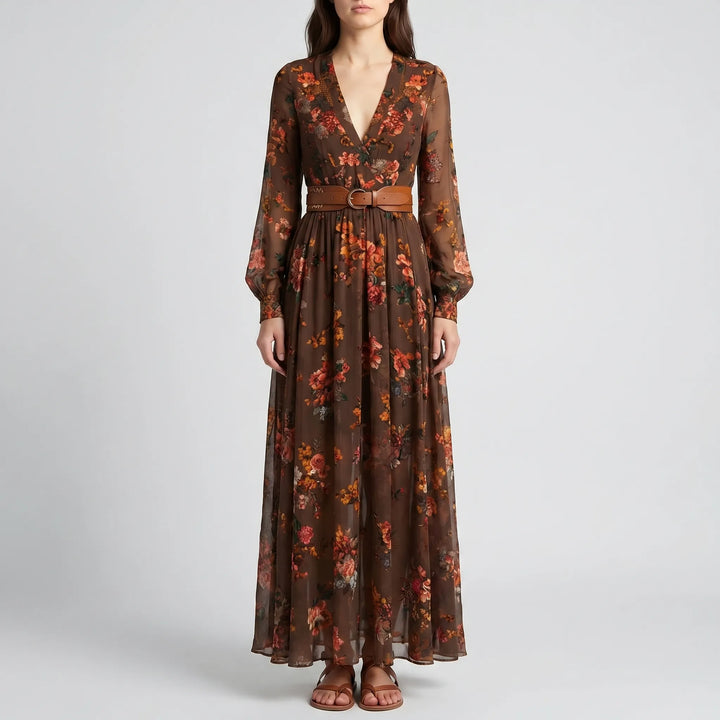 Bohvara - Bohemian Floral Maxi Dress With Shirt Collar