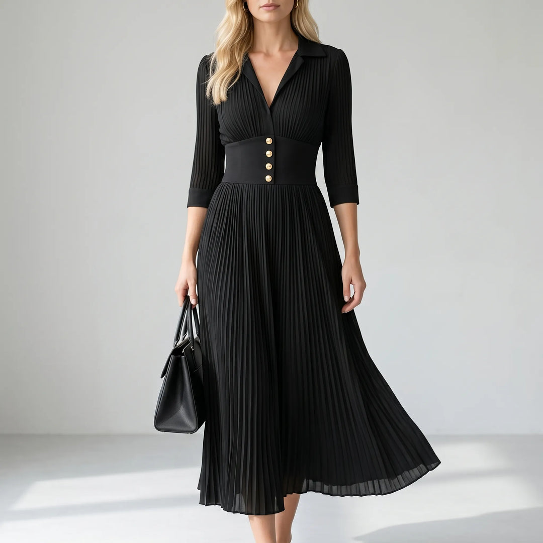 Elegara - Fitted Waist Pleated Maxi Dress