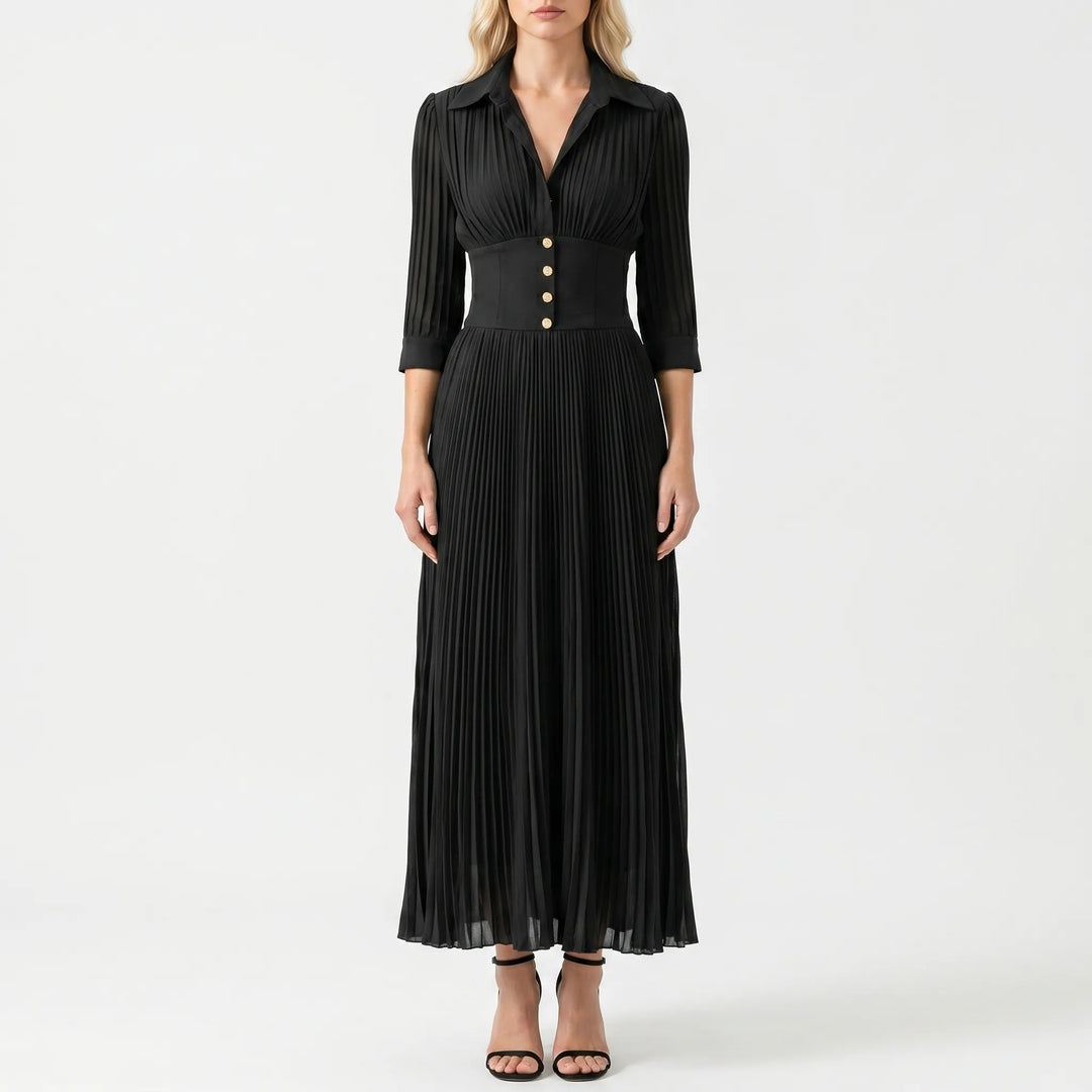 Elegara - Fitted Waist Pleated Maxi Dress